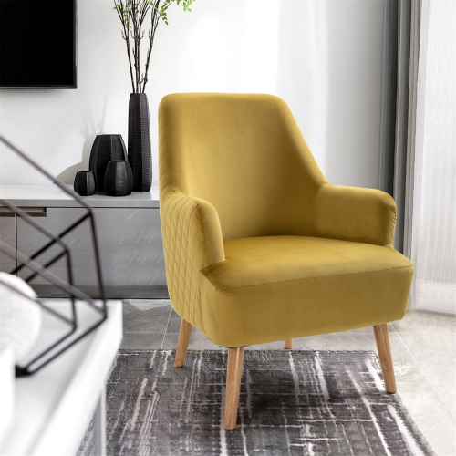 FurnitureR Armchair Arm Chair Comfort Yellow Velvet Upholstery with Wood Legs Leisure Chair for Living Room,Ginger
