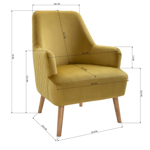 FurnitureR Armchair Arm Chair Comfort Yellow Velvet Upholstery with Wood Legs Leisure Chair for Living Room,Ginger