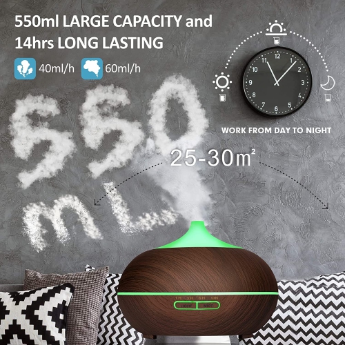 550ml Essential Oil Diffuser, Ultrasonic Aroma Diffuser with Smart Remote Control, Aromatherapy Humidifier Fragrant Oil Vaporizer with 8 Color LED