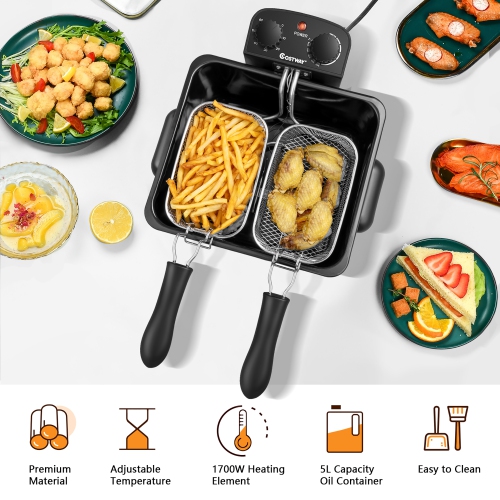 Friteuse électrique de 5,3QT l/21 tasses 1700 W en acier inoxydable de Costway avec triple panier