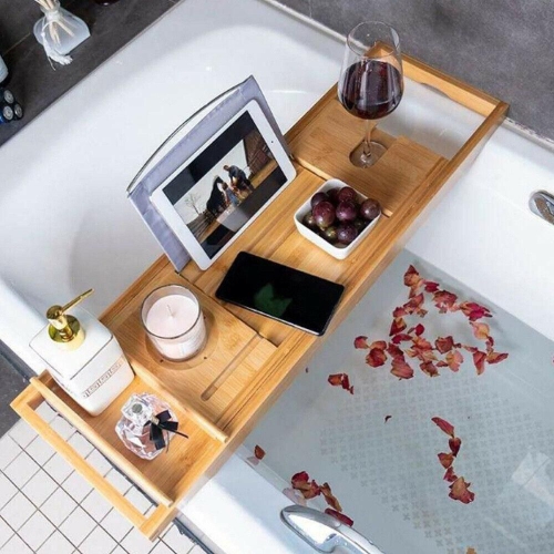 ISTAR Bamboo Bathtub Caddy Tray, Wooden Bath Tray for Tub with Book Holder, Holds Phone, Laptop, Extendable Bathtub Caddy Organizer for Luxury Spa