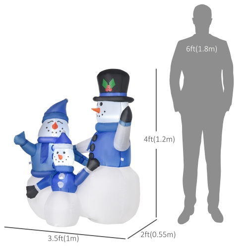 HOMCOM 4ft Inflatable Christmas Decoration Snowman Family, Blow-Up Outdoor LED Yard Display for Lawn, Garden, Party