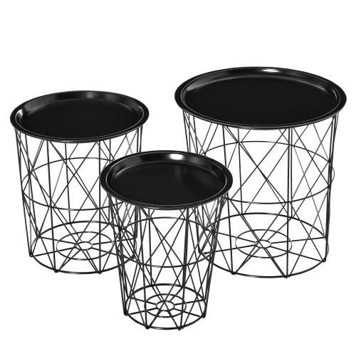 HOMCOM  Set Of 3 Nesting Coffee Tables With Storage, Round End Table With Removable Tray, Basket Side Tables With Metal Frame for Living Room In Black