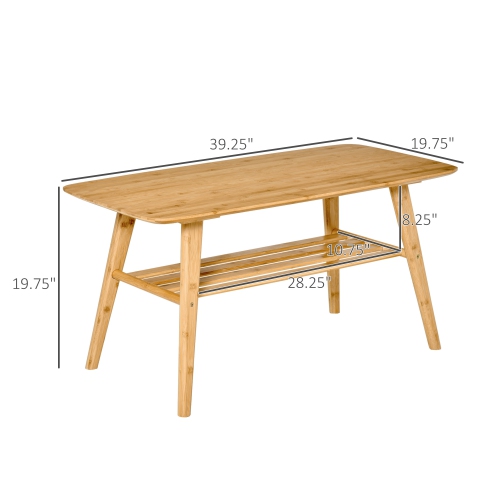 HOMCOM 2 Tier Coffee Table, Bamboo Center Table with Storage Shelf, Rectangle Cocktail Table for Living Room
