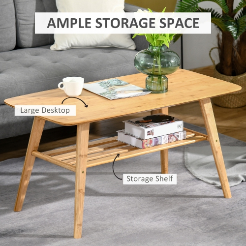 HOMCOM 2 Tier Coffee Table, Bamboo Center Table with Storage Shelf, Rectangle Cocktail Table for Living Room