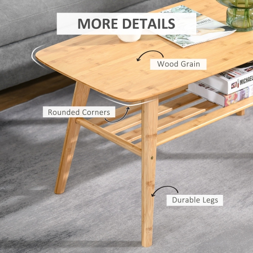 HOMCOM 2 Tier Coffee Table, Bamboo Center Table with Storage Shelf, Rectangle Cocktail Table for Living Room