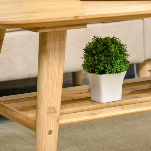 HOMCOM 2 Tier Coffee Table, Bamboo Center Table with Storage Shelf, Rectangle Cocktail Table for Living Room