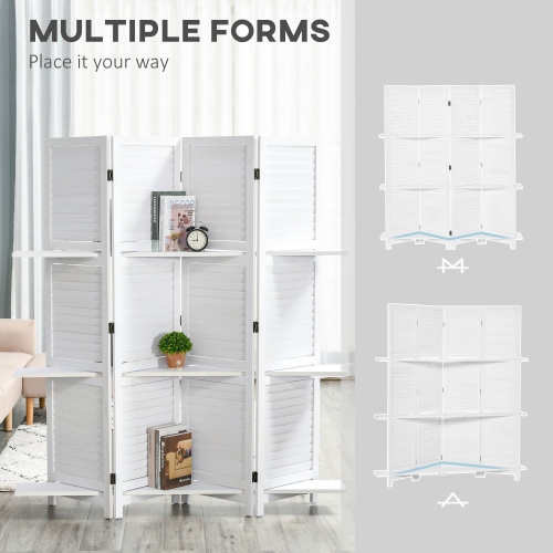 HOMCOM 4 Panel Room Divider with Display Shelf, 5.6 FT Folding Privacy Screen, Portable Freestanding Partition Wall Divider for Home Office, White
