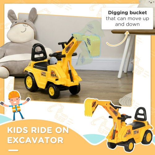 HOMCOM Ride-On Excavator for Kids, Construction Push Car Truck Toys for Toddlers 18–48 Months, with Digger, Steering Wheel, Horn and Under-Seat