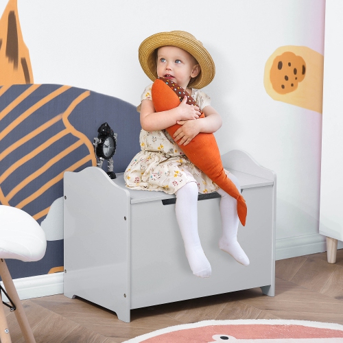 Qaba Coffre de rangement pour jouets en bois pour enfants avec charnière magnétique, grand espace de poitrine et poignée rainurée, gris
