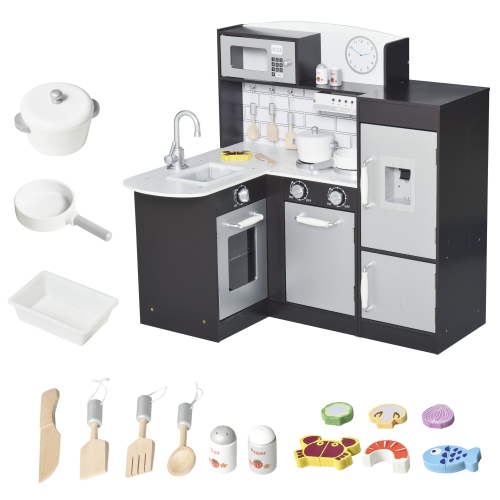 Qaba – Ensemble de cuisine jouet pour enfants avec fontaine, four à micro-ondes et réfrigérateur avec accessoires, brun foncé