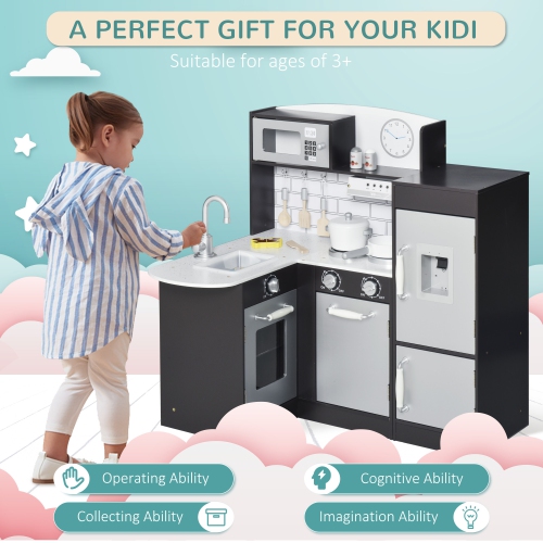 Qaba Kids Kitchen Play Cooking Toy Set for Children with Drinking Fountain, Microwave, and Fridge with Accessories, Dark Brown
