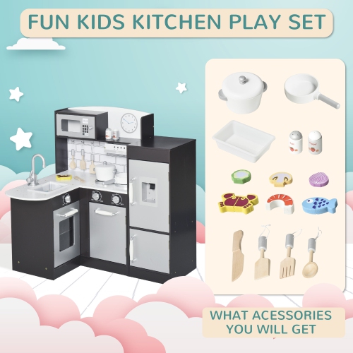 Qaba Kids Kitchen Play Cooking Toy Set for Children with Drinking Fountain, Microwave, and Fridge with Accessories, Dark Brown