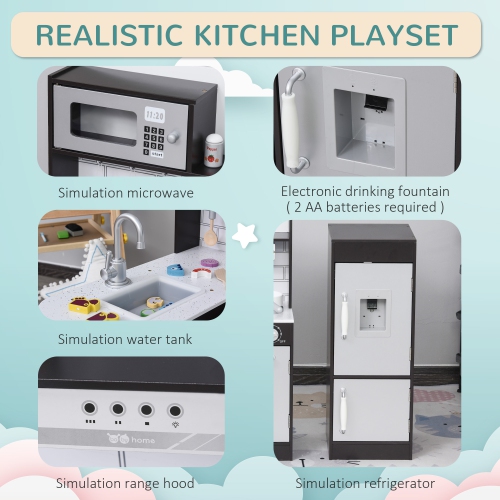 Qaba Kids Kitchen Play Cooking Toy Set for Children with Drinking Fountain, Microwave, and Fridge with Accessories, Dark Brown
