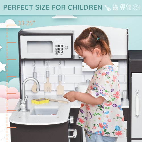 Qaba Kids Kitchen Play Cooking Toy Set for Children with Drinking Fountain, Microwave, and Fridge with Accessories, Dark Brown