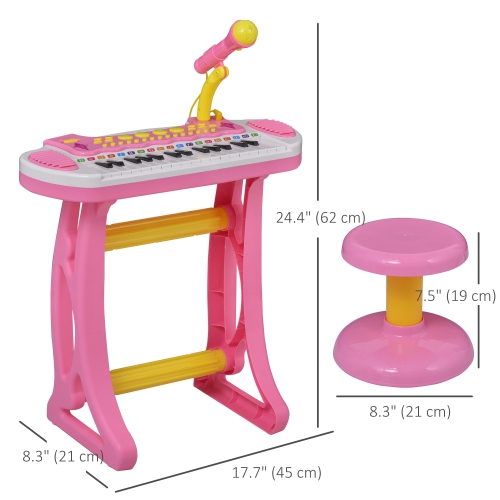 Qaba Kids Toddler Toy Piano Keyboard with Included Sitting Stool, Working Microphone, A Fun Bright Flashlight, Pink