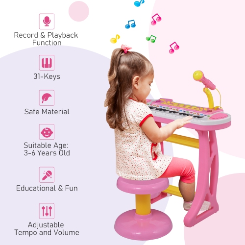 Qaba Kids Toddler Toy Piano Keyboard with Included Sitting Stool, Working Microphone, A Fun Bright Flashlight, Pink