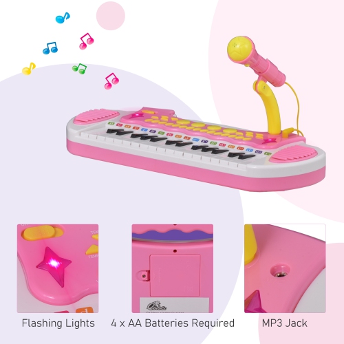 Qaba Kids Toddler Toy Piano Keyboard with Included Sitting Stool, Working Microphone, A Fun Bright Flashlight, Pink