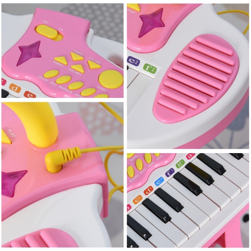 Qaba Kids Toddler Toy Piano Keyboard with Included Sitting Stool, Working Microphone, A Fun Bright Flashlight, Pink