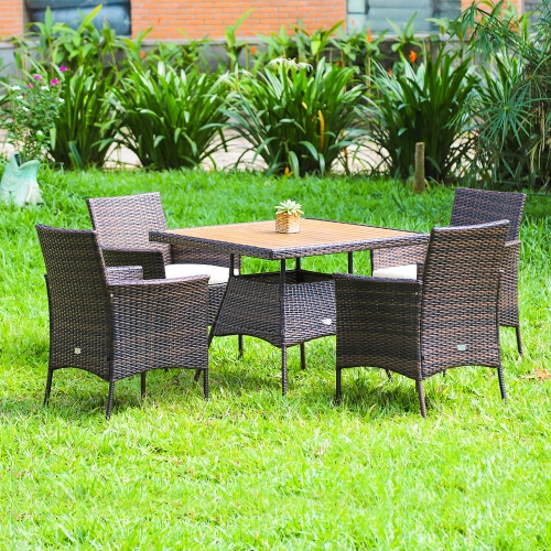 COSTWAY  5PCs Patio Rattan Dining Furniture Set Arm Chair Wooden Table Top