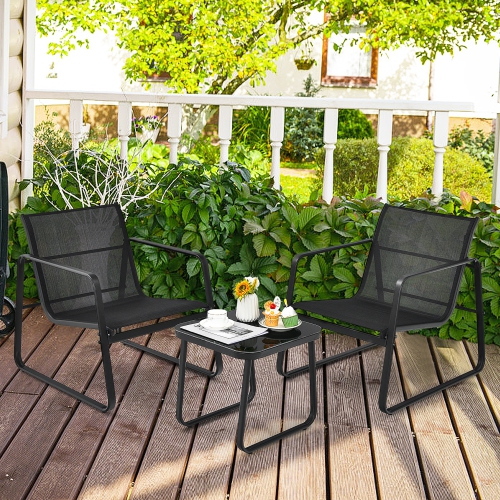 Costway 3PCS Patio Bistro Furniture Set Glass Top Table Garden Deck Black