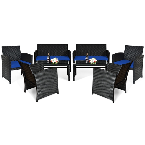 Costway 8PCS Patio Rattan Furniture Conversation Set Cushion Sofa Table Garden