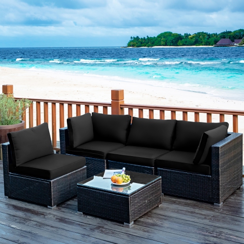 Costway 5PCS Patio Rattan Furniture Set Cushioned Sofa Chair Coffee Table
