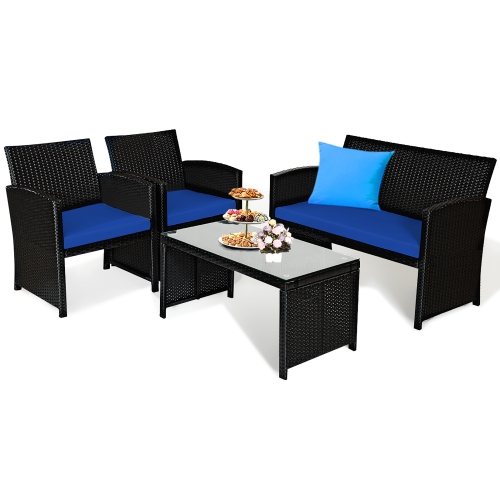 Costway 4PCS Patio Rattan Furniture Conversation Set Cushion Sofa Table Garden