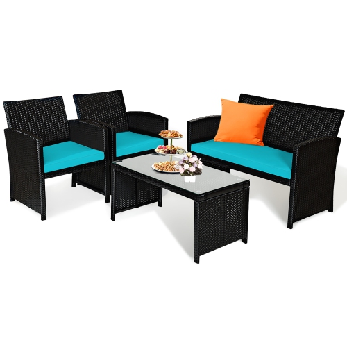 Costway 4PCS Patio Rattan Furniture Conversation Set Cushion Sofa Table Garden