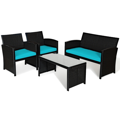 Costway 4PCS Patio Rattan Furniture Conversation Set Cushion Sofa Table Garden