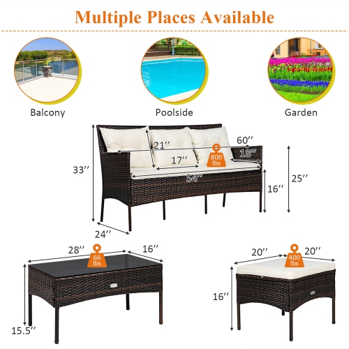 Costway 3PCS Patio Rattan Furniture Set 3-Seat Sofa Cushioned Table Garden