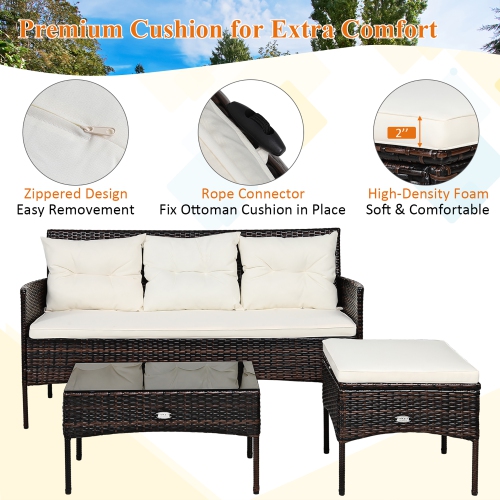 Costway 3PCS Patio Rattan Furniture Set 3-Seat Sofa Cushioned Table Garden