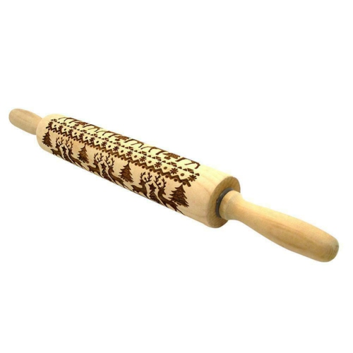 Christmas Elk Print Rolling Pin Engraved Wood Embossing Embossed for DIY Cookies