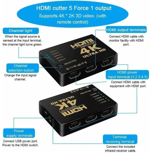 5 Port HDMI Switch Switcher Selector Connector Splitter Hub + Remote For HDTV