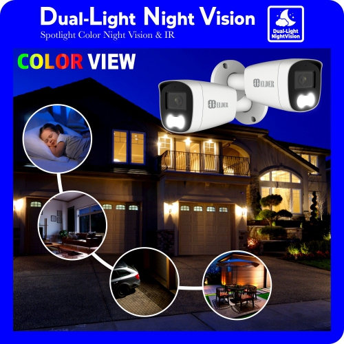 Elder 4K Security Camera System 8Ch NVR 1TB PoE 6-Camera Outdoor, Dual-Light Color Night Vision Spotlight, Listen-in Audio, Smart Home Surveillance