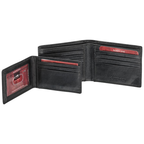 Mancini Equestrian2 RFID Genuine Leather Bi-fold Wing Wallet with Removable Pass Case - Black
