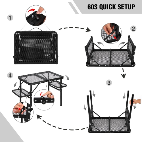 Folding Grill Table, Height Adjustable Aluminum Table with Mesh Desktop, Portable for Outdoor Camping, Picnic, Patio, Dining, BBQ, Party, Black 62 *