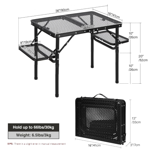 Folding Grill Table, Height Adjustable Aluminum Table with Mesh Desktop, Portable for Outdoor Camping, Picnic, Patio, Dining, BBQ, Party, Black 62 *