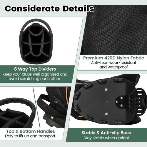 Costway 9" Golf Stand Bag Club 8 Way Divider Carry Organizer Pockets Storage Black New