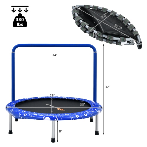 36" Kids Trampoline Rebounder W/Full Covered Handrail & Pad Indoor Outdoor Pink\Blue