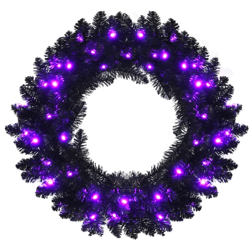 COSTWAY  24Inch Pre-Lit Christmas Halloween Wreath Black W/ 35 Purple Led Lights