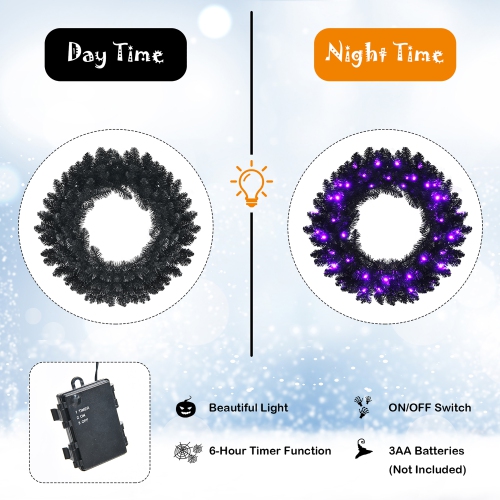 Costway 24inch Pre-lit Christmas Halloween Wreath Black w/ 35 Purple LED Lights