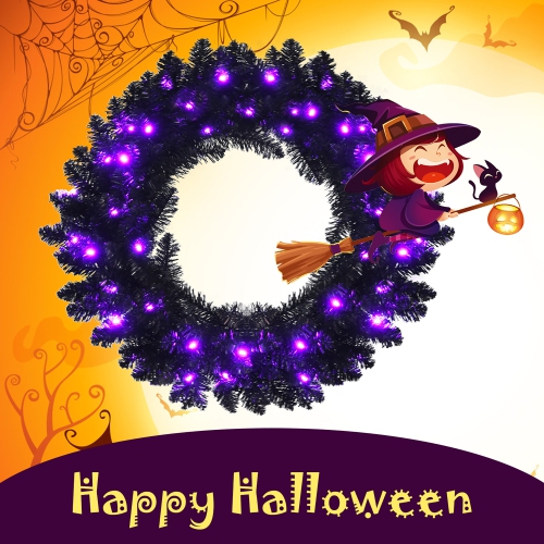 Costway 24inch Pre-lit Christmas Halloween Wreath Black w/ 35 Purple LED Lights