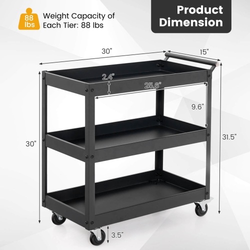 Costway 3-Tier Utility Cart Metal Mental Storage Service Trolley 330lbs Capacity