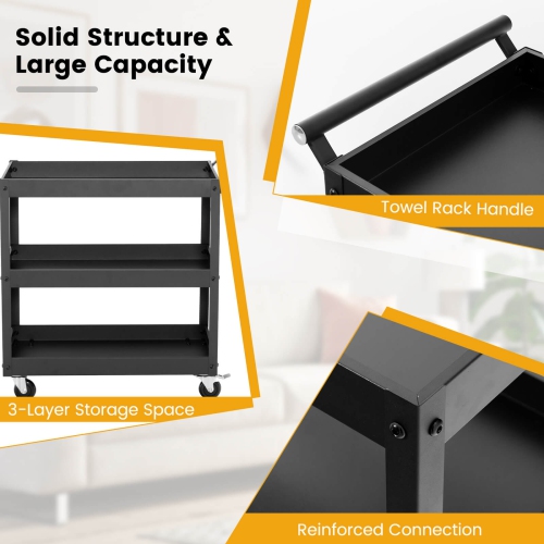 Costway 3-Tier Utility Cart Metal Mental Storage Service Trolley 330lbs Capacity