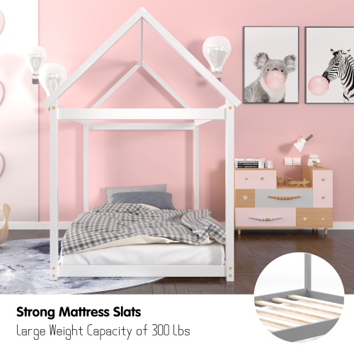 Costway Twin House Bed Wood Frame w/ Roof for Kids Toddler No Box Spring