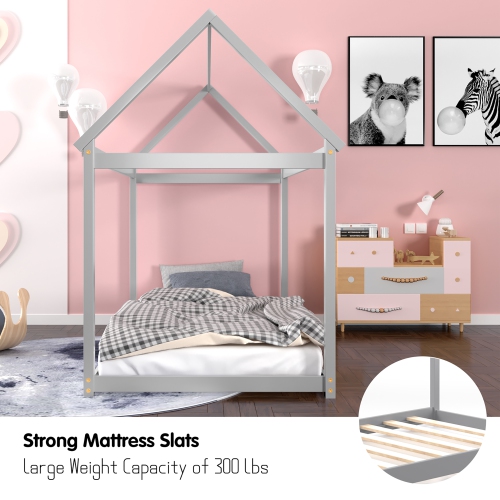 Costway Twin House Bed Wood Frame w/ Roof for Kids Toddler No Box Spring