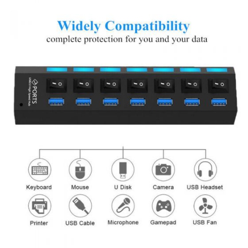 ISTAR USB Hub 3.0 Splitter,7 Port USB Data Hub with Individual On/Off Switches and Lights for Laptop, PC, Computer, Mobile HDD, Flash Drive and More
