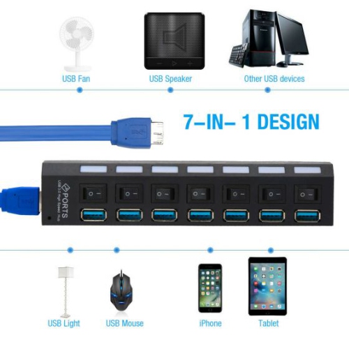 ISTAR USB Hub 3.0 Splitter,7 Port USB Data Hub with Individual On/Off Switches and Lights for Laptop, PC, Computer, Mobile HDD, Flash Drive and More