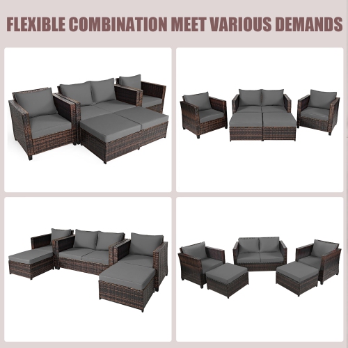 Costway 5PCS Patio Rattan Furniture Set Loveseat Sofa Ottoman Cushioned